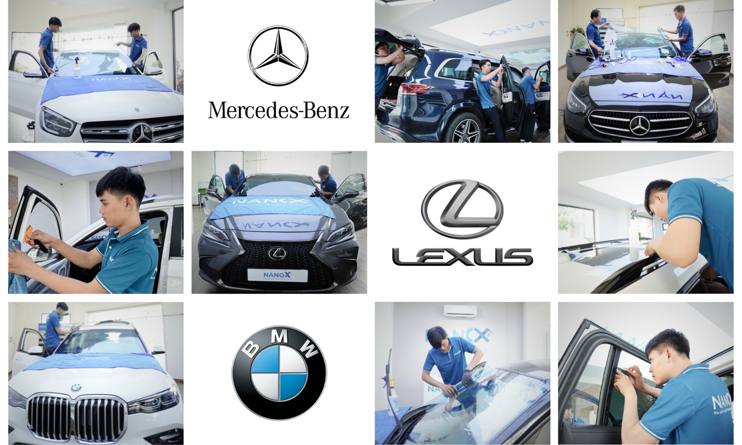 Hình ảnh thi công thực tế phim cách nhiệt ô tô của các hãng xe Mercedes, BMW và Lexus tại showroom NanoX