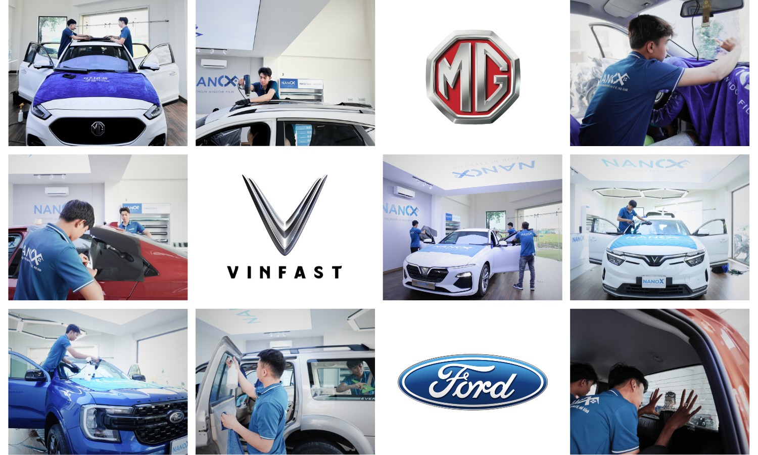 Hình ảnh thi công thực tế phim cách nhiệt ô tô của các hãng xe Ford, Vinfast và MG tại showroom NanoX