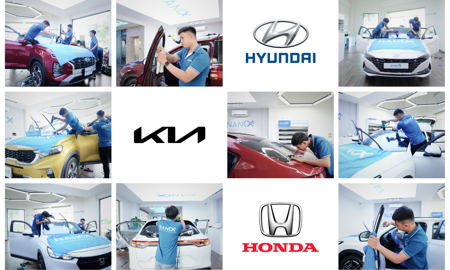 Hình ảnh thi công thực tế phim cách nhiệt ô tô của các hãng xe KIA, Hyundai và Honda tại showroom NanoX