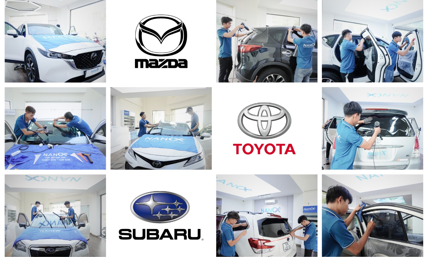 Hình ảnh thi công thực tế phim cách nhiệt ô tô của các hãng xe Toyota, Mazda và Subaru tại showroom NanoX