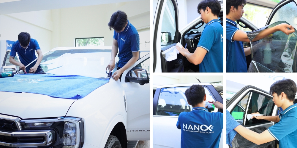 Hình ảnh thi công thực tế gói dán phim cách nhiệt xe Standard 7 chỗ