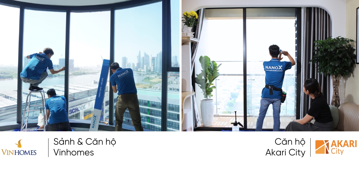 Ảnh thi công thực tế phim cách nhiệt nhà kính của NanoX cho chung cư căn hộ Vinhomes