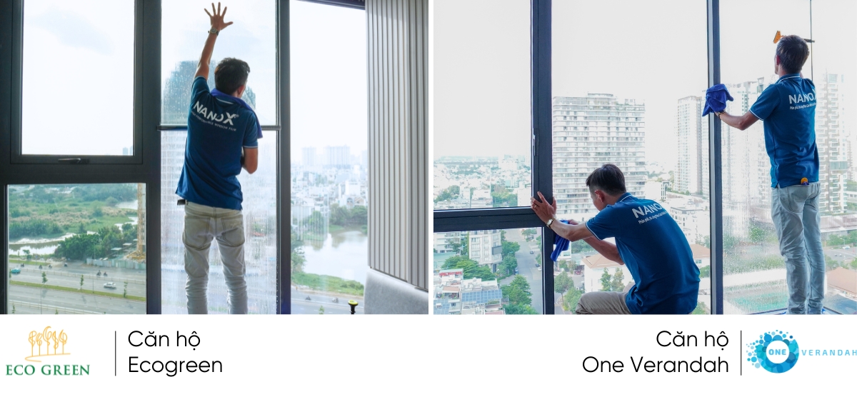 Ảnh thi công thực tế phim cách nhiệt nhà kính của NanoX với căn hộ Ecogreen và One Verandah