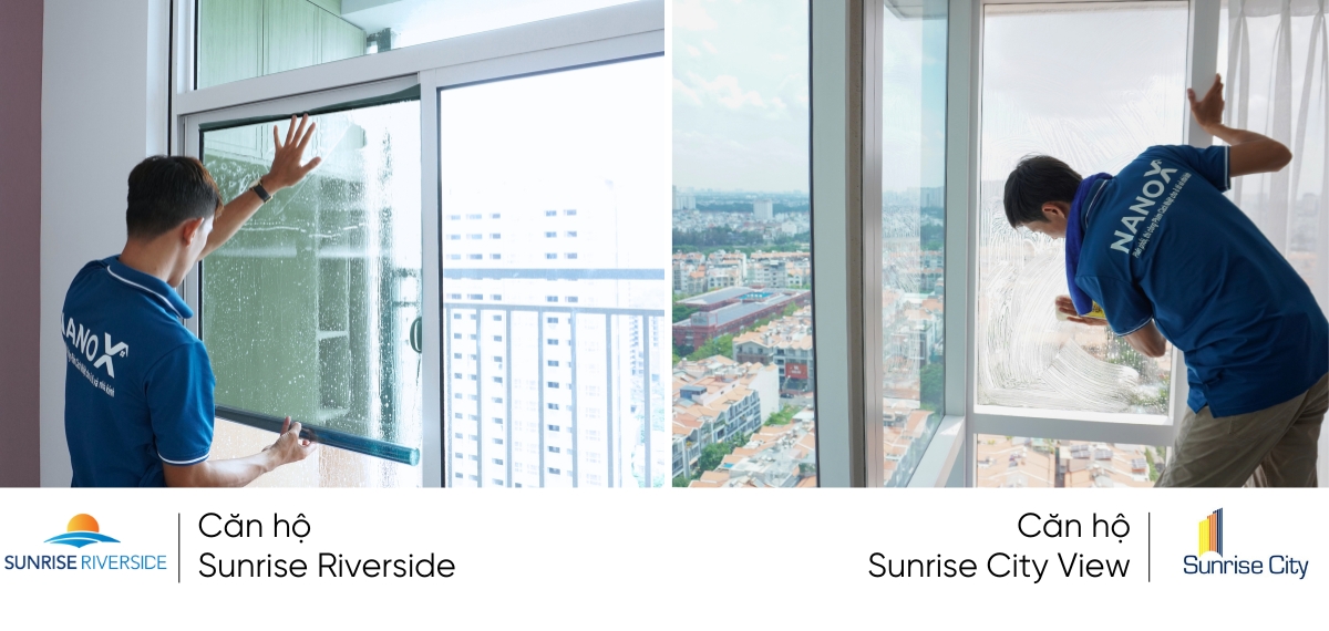 Ảnh thi công thực tế phim cách nhiệt nhà kính của NanoX với căn hộ Sunrise Riverside và Sunrise City View