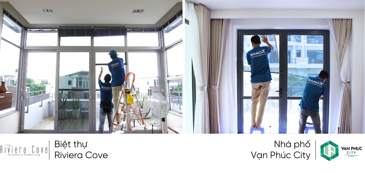 Ảnh thi công thực tế phim cách nhiệt nhà kính của NanoX với căn hộ Vạn phúc City và Biệt thự Riviera Cove