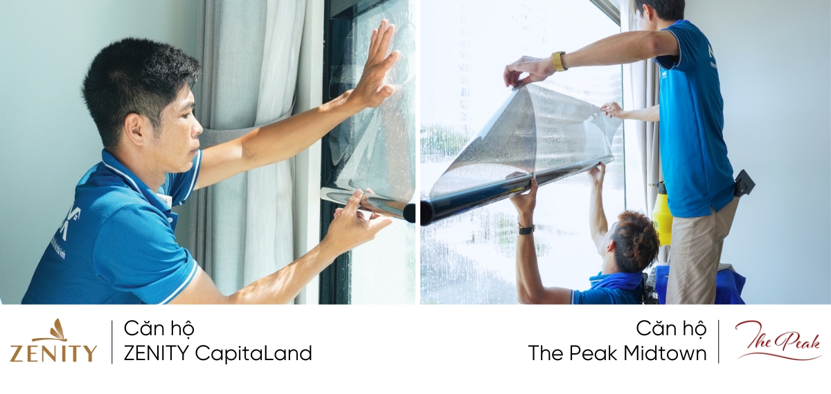 Ảnh thi công thực tế phim cách nhiệt nhà kính của NanoX với căn hộ Zenity CapitaLand và The Peak Midtown