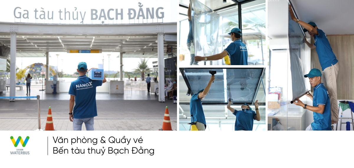 Ảnh thi công thực tế phim cách nhiệt nhà kính của NanoX với Ga tàu thủy Bạch Đằng