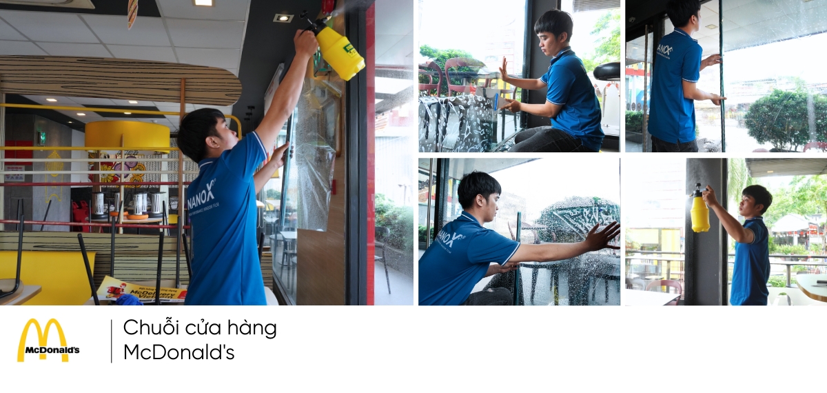 Ảnh thi công thực tế phim cách nhiệt nhà kính của NanoX với Mc Donald's