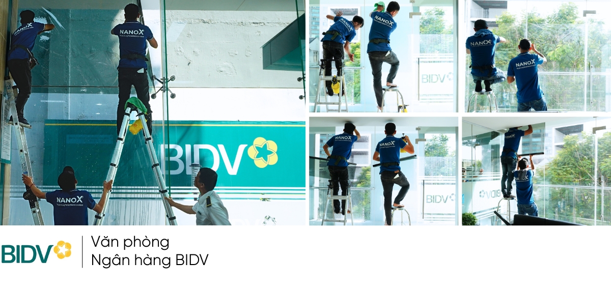 Ảnh thi công thực tế phim cách nhiệt nhà kính của NanoX với Ngân hàng BIDV
