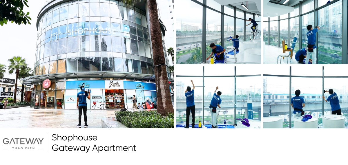 Ảnh thi công thực tế phim cách nhiệt nhà kính của NanoX với Shophouse Gate Thảo Điền