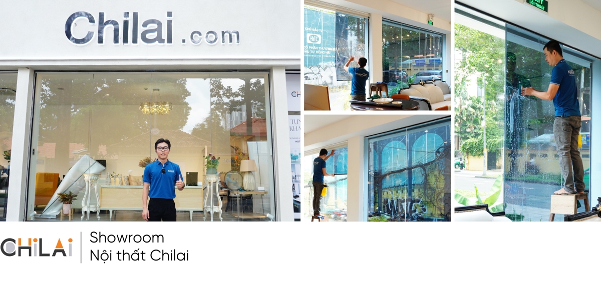 Ảnh thi công thực tế phim cách nhiệt nhà kính của NanoX với Showroon nội thất Chilai