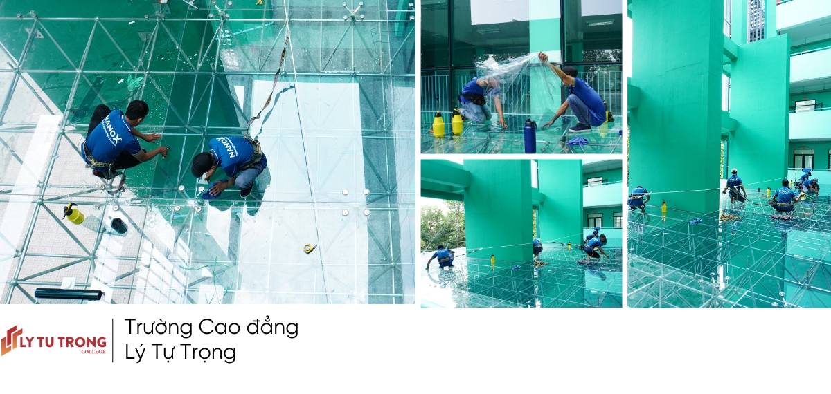 Ảnh thi công thực tế phim cách nhiệt nhà kính của NanoX với Trường Cao Đẳng Lý Tự Trọng
