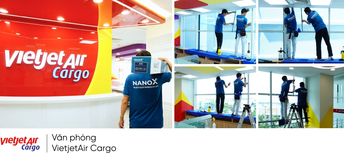 Ảnh thi công thực tế phim cách nhiệt nhà kính của NanoX với Văn phòng hãng hàng không Vietjet Air