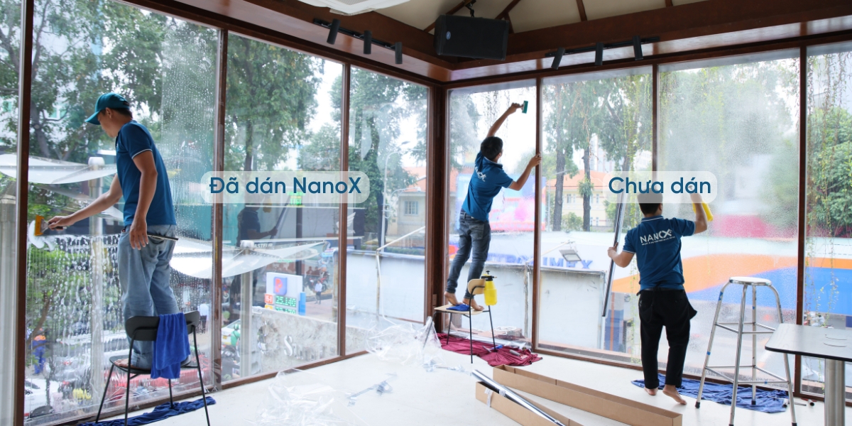 Hình ảnh thi công thực tế dán phim cách nhiệt nhà hàng, khách sạn, cafe NanoX 